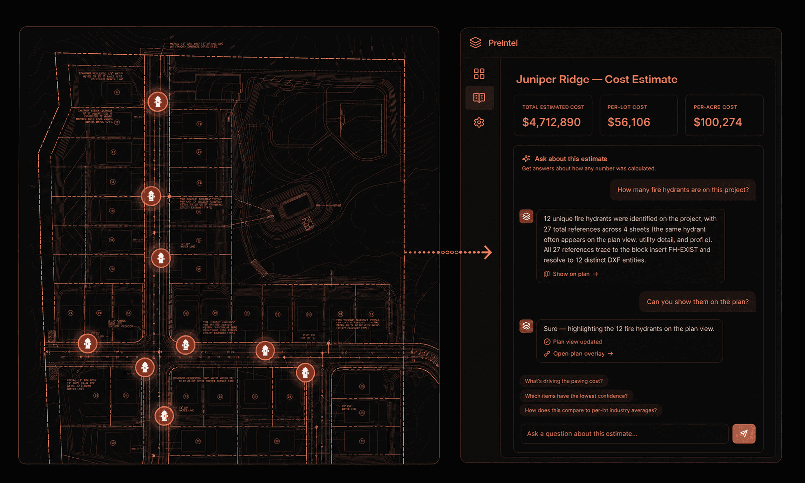 PreIntel document-intelligence interface estimating costs from a civil site plan